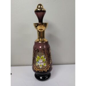 Vtg Purple Amethyst Bohemian Czech Glass Hand Painted Floral 11in